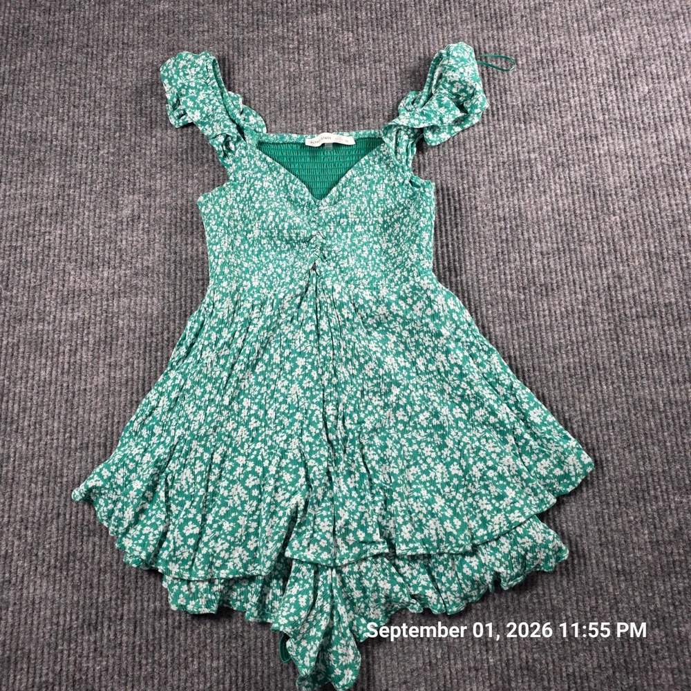 Altar'd State Green Floral Smocked Ruffle Tiered Romper Small Womens Boho